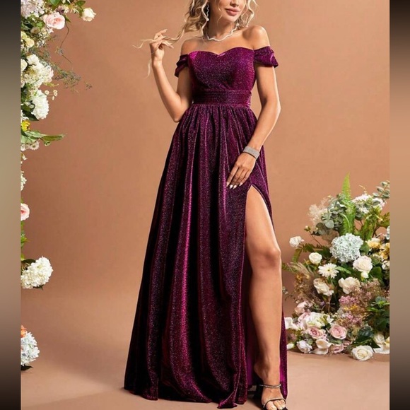 Luxe purple off shoulder glitter party formal evening gown dress - Picture 7 of 11